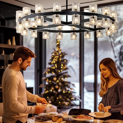 Image of Modern Black Crystal Chandelier,36 inch K9 Crystal Chandeliers for Dining Room Over Table,Wagon Wheel Chandeliers for Dining Room,Living Room,Foyer,Includes 36XG4 Bulbs