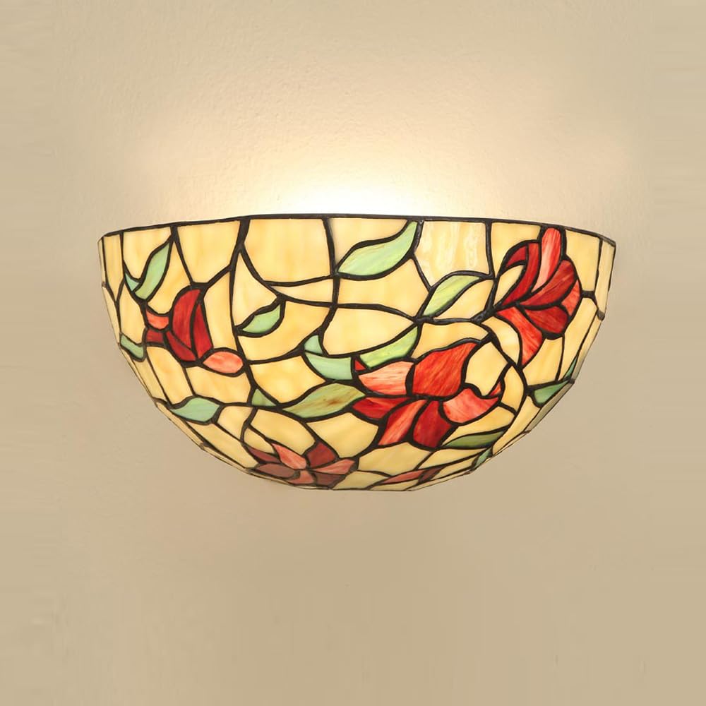 Lampwise Tiffany Red Lilies Style Wall Sconce - 12" Stained Glass Lamp For Living Room, Bedroom, & More