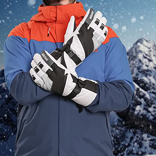 Jekosen Ski Gloves Women Mens Waterproof Touchscreen Snowboard Gloves Snow Cold Weather Winter Keep Warm Gloves With Anti-Lost Wrist Leashe White Medium #TOP4