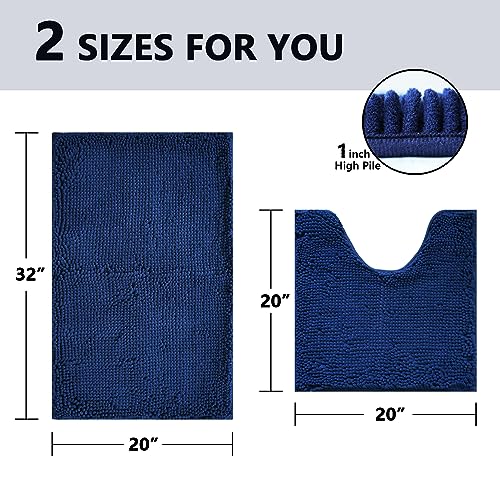 Image of BOANKODU Bathroom Rug Sets 2 Piece, Non-Slip Soft Chenille Bath Mat, 32x20 + 20x20 Inch U Shape, Machine Washable (Navy Blue)