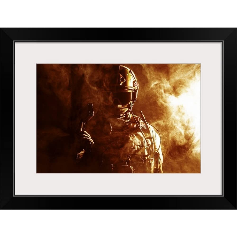 GREATBIGCANVAS Special Forces Soldier with Rifle Black Framed Wall Art Print, Artwork
