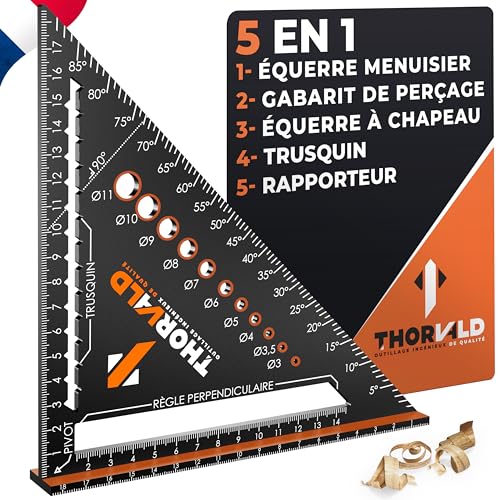 THORVALD 5 en 1 Equerre Menuisier 180 mm - Multifonction : Trusquin/Raporteur/Gabarit de percage/Equerre a chapeau - Aluminium - Outil pour gagner du temps