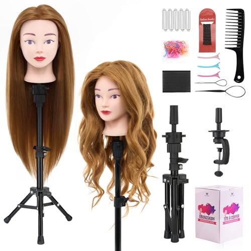 Mannequinkopf 80% Echthaar mit Stativständer, 71,1 cm Kosmetologie Manikinkopf Flechten Mannequinkopf mit Ständer, Friseurtraining Praxis Puppenkopf für Haarstyling mit Tischklemme