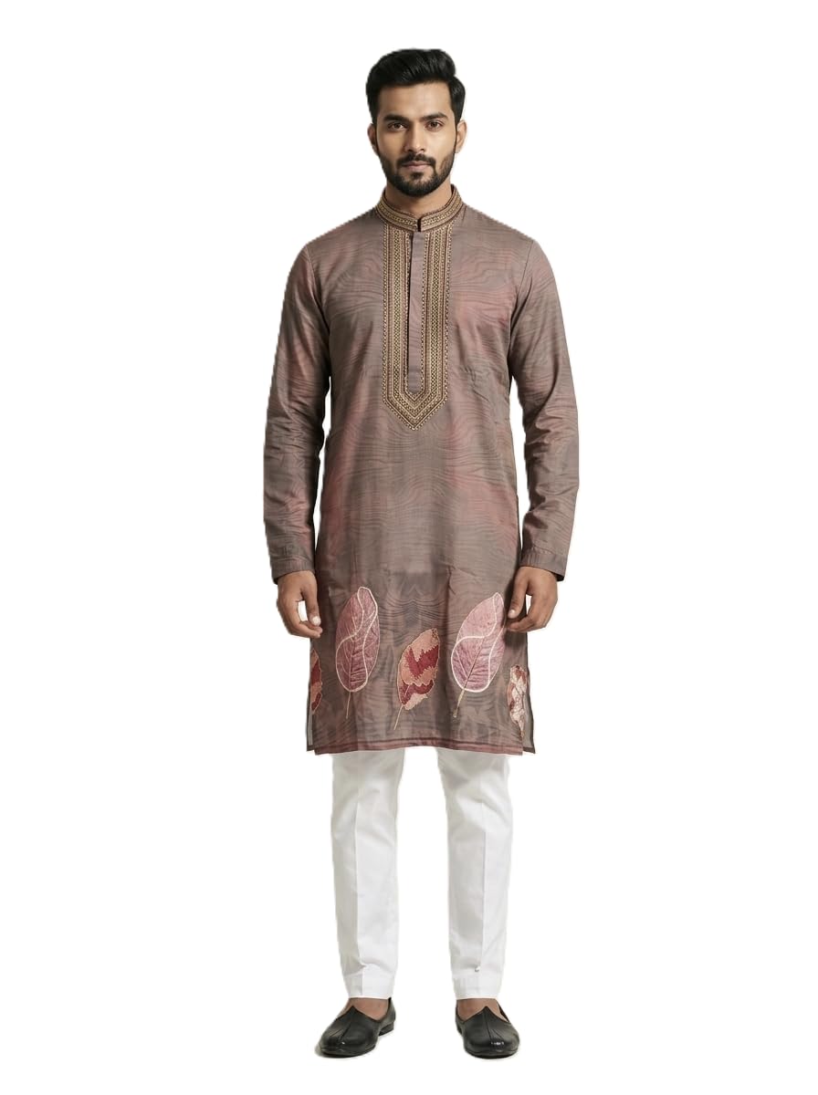 Art Silk Foil Printed Ethnic Kurta Set for Mens in Brown Color | Mandarin Collar Festive Kurta Pyjama Set-picture-42