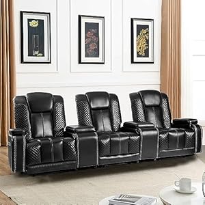 Recliner Chair Set of 3 Theater Seating with Massage Heating Breathable Leather Sofa USB Ports Suitable Living Room Home Black