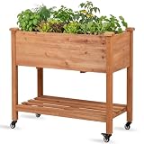 Nature Crafted Raised Garden Bed with Lockable Wheels, 32x16x32 inch Elevated Wood Planter with Storage Shelf Protective Liner for Vegetable Flower Herb Outdoor Balcony Patio Backyard, Brown