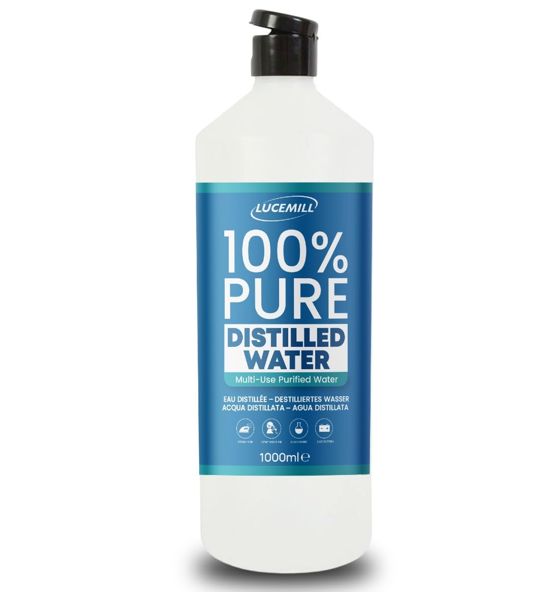 Distilled Water | 1 Litre | Distilled Water for CPAP Machines, Irons, Cleaning Machines and More | Made in the UK I Comes with Flip Top