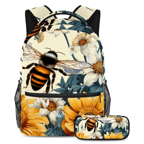 Cartables de grande capacité fleurs d'abeilles dorées pour le lycée et les voyages