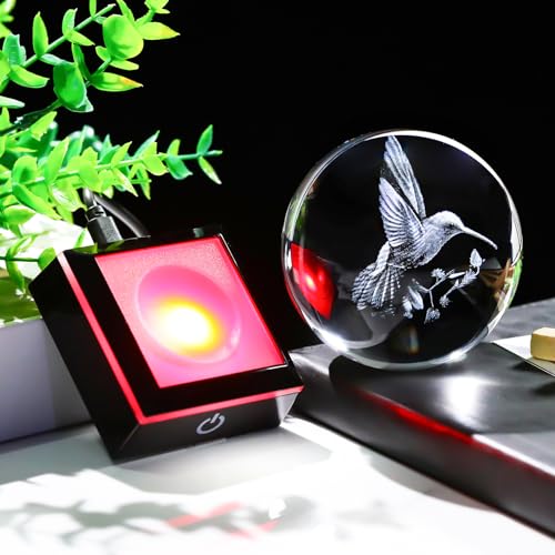 Image of Arikyrist 3D Crystal Ball Hummingbird Figurine with LED Base, Hummingbird Gifts for Women Men on Christmas Birthday, Hummingbird Ornament Glass Decorative Ball for Home Decor (80mm)