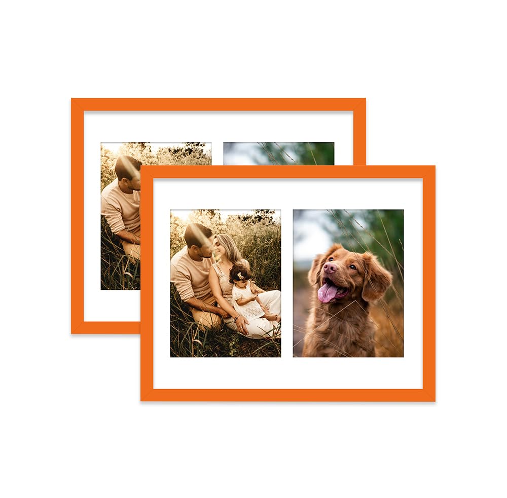 Orange Multi Photo Frame - Holds 2 x 8x6 Pictures, Family Collage Picture Frame for Wall Display, 14x11 Frame size, Set of 2