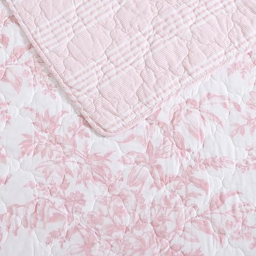 Image of Laura Ashley - Queen Quilt Set, 100% Cotton Cover with Cotton Blend Fill, Prewashed for Softness, Reversible Floral Bedding with Matching Shams (Pink)