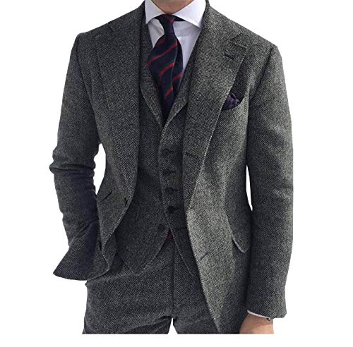 Men's 3 Piece Business Suit Regular Fit Herringbone Groomsmen Tuxedo Wool Jacket Vest & Pants