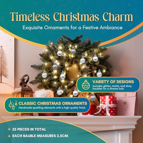 Festive Fix 25 Silver Mini Christmas Baubles - Shatterproof, Lightweight Small Tree Decorations for Xmas Home, Party & Festive Displays - Image 2