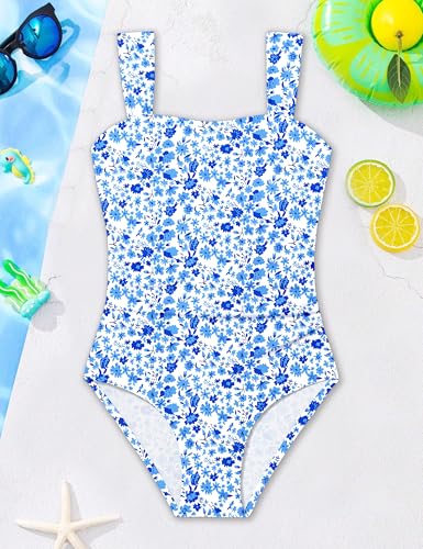 Image of CRISONE Girl Swimsuit One Piece Bathing Suit for Girls Retro Square Neck Adjustable Straps Girls' Swimwear 9-16Y