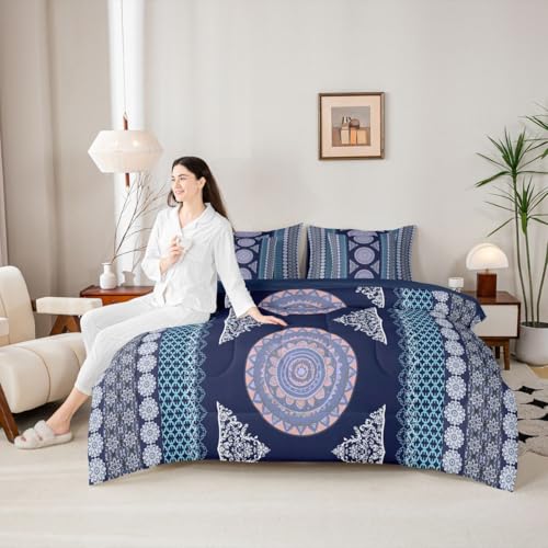 Image of Bohemian Decor Boho Full Size Bed Sheets and Comforter Set | Paisley Flower Mandala 7-Piece Bedding Set Moroccan Medallion Aztec Bed in a Bag,Ethnic Tribal Exotic Striped European Black Purple