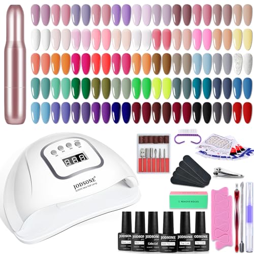 JODSONE 60 Pcs Gel Nail Polish Kit with U V Light Nail Drill 55 Colors Base Top Matte Coat Professional Gel Manicure Kits Soak Off Manicure Salon DIY at Home Gifts for Women