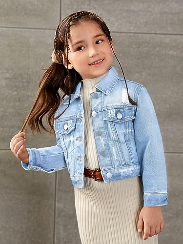 Image of WDIRARA Toddler Girl's Collared Long Sleeve Button Front Ripped Denim Shirt Jacket