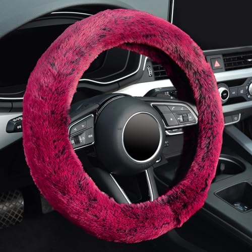 KAFEEK Frost Fluffy Microfiber Plush Steering Wheel Cover for Winter Warm, Universal 15 inch Soft Fuzzy Steering Wheel Cover, Brilliant Red