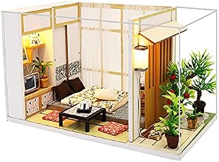 erhumama Miniature Japanese Tatami Room Dollhouse Wooden Puzzle Model Furniture Kits DIY Dolls House Lights Cat Birthday Gift For Kids