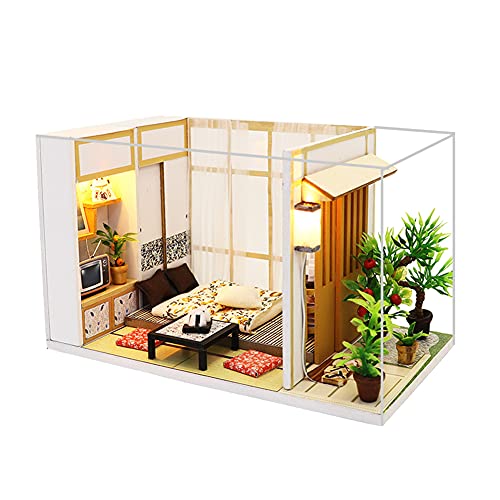 erhumama Miniatur-Puzzle-Modell, japanisches Tatami-Zimmer, Puppenhaus, Puppenhaus, Beleuchtung, Katze, Geburtstagsgeschenk für Kinder Cover