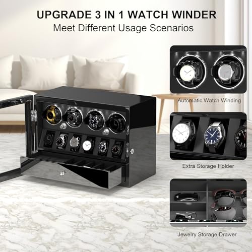 Image of DUKWIN Watch Winder for Automatic Watches, White Lockable Watch Winders with Extra Watch Storage, Jewelry Storage, 4 Rotation Modes, LED Light, Super Quiet Mabuchi Motor and Spring Watch Pillows