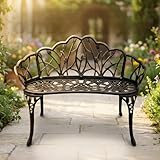 Z1UVDFUR Outdoor Garden Bench, Cast Aluminum Patio Loveseat with Leveling Feet, Heavy-Duty All-Weather Seating with Burr-Free Rounded Corners for Yard Lawn Porch Deck,Bronze