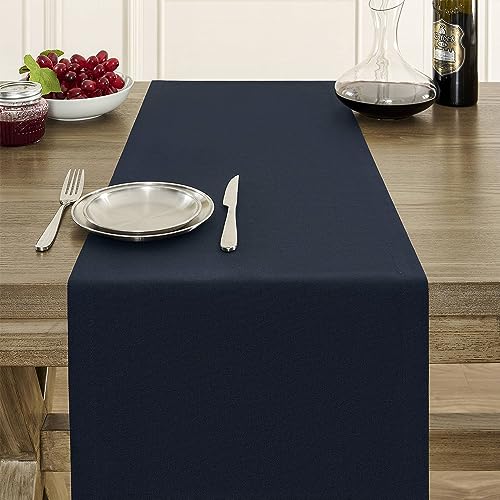 Image of ZeeMart Basic Linen Style Table Runner, 14 x 72 Inch Dark Navy, Rustic Farmhouse Dark Blue Table Runners 72 Inches Long, Everyday Polyester Table Runner - Machine Washable & Easy Care