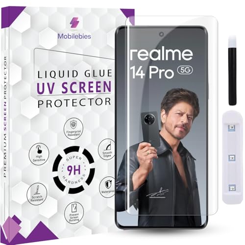 Image of Mobilebies Premium HD+ UV Tempered Glass Screen Protector For Realme 14 Pro (6.77 Inch, Pack of 1) Full Adhesive UV Curved Screen Protector Case Friendly HD Clarity with installation kit & Guide