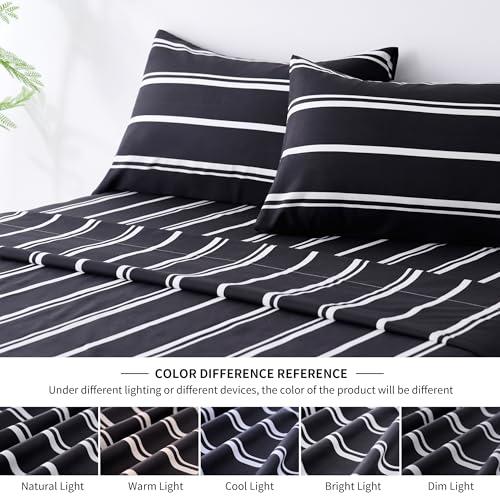 Image of Best Season Stripe Bed Sheets Set,4 Piece Super Soft Microfiber Bedding-Deep Pocket,Ultra Soft,Fade & Wrinkle Resistant(Full Size,Black&White)