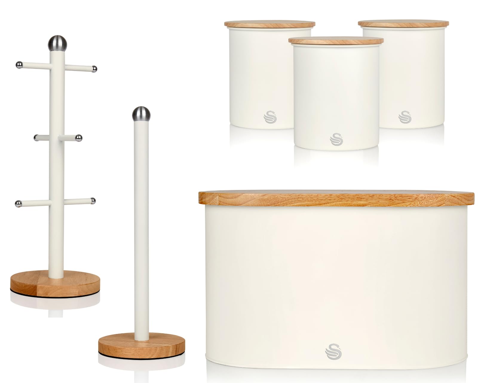 Swan White Nordic Cotton Bread Bin, Canisters, Mug Tree & Towel Pole. Matching Scandinavian Inspired Minimalist Design Kitchen Storage Set Of 6