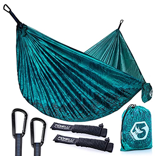 Foxelli Camping Hammock â€“ Lightweight Parachute Nylon Portable Hammock with Tree Ropes and Carabiners, Perfect for Outdoors, Backpacking, Hiking, Camping, Travel, Beach, Backyard & Garden