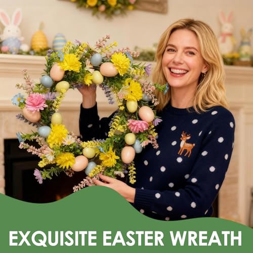 40cm Osterkranz für die Haustür, Künstliche Ostereier Ostertürkränze, frühlingskranz mit ostereiern, Bunte Eierkranz Für Die Heimdekoration, Frühlings Wohndekorationskranz,Ostertürdekoration