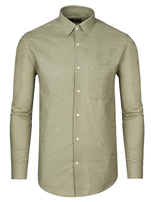 Image of FRENCH CROWN Men's Green Linen Regular Fit Full Sleeves Casual Shirt