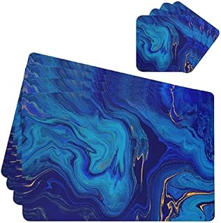 Leather Placemats and Coaster Navy Blue Marble Placemats and Coaster Sets 4 Waterproof Table Mats Non-slip Heat Insulation Outdoor Placemats with Coasters