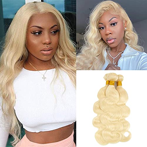 Blonde Bundles Body Wave Brazilian Remy Hair Bundles Hair Weave Honey Blonde 3 Bundles Hair Extensions Double Weft 100% Unprocessed Virgin Hair 613 Bundle 12 14 16 Inch