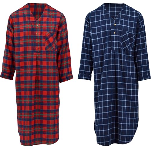 Andrew Scott Men's 2 Pack Lightweight Cotton Flannel Sleep Shirt, Long Henley Nightshirt Pajamas