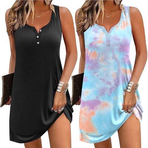 Ekouaer Tank Nightgowns for Women 2 Pack Sexy Night Gown Sleeveless Sleepwear Soft Sleep Dress Button Sleepshirt Black/Blue Tie-dye X-Large