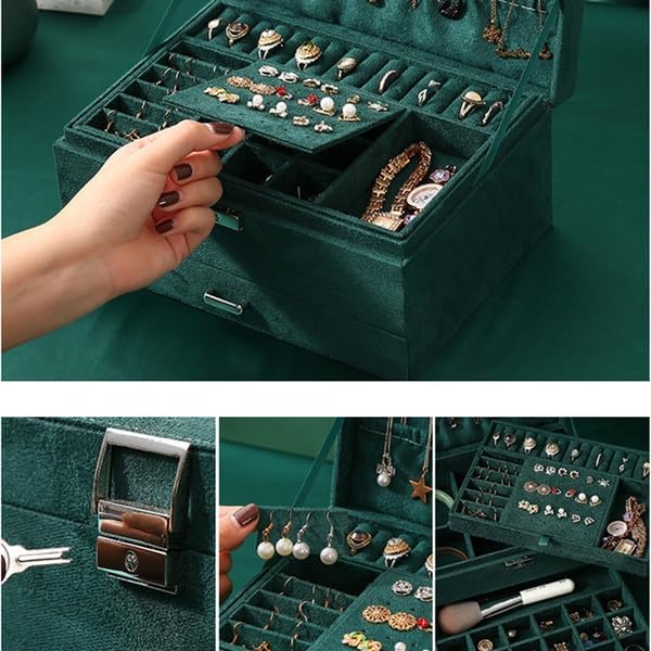 Image of Velvet Three Layer New Vintage Flannel Jewelry Box Earrings Earrings Rings Necklace Bracelets Jewelry Organiser Storage Case With Drawer For Girls Women Dark Green (AB-05)
