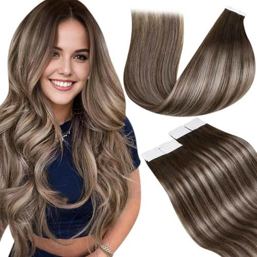 Image of LaaVoo Tape in Extensions Human Hair Brown Balayage Tape in Hair Extensions Human Hair 40pcs 100G Dark 14 Inch