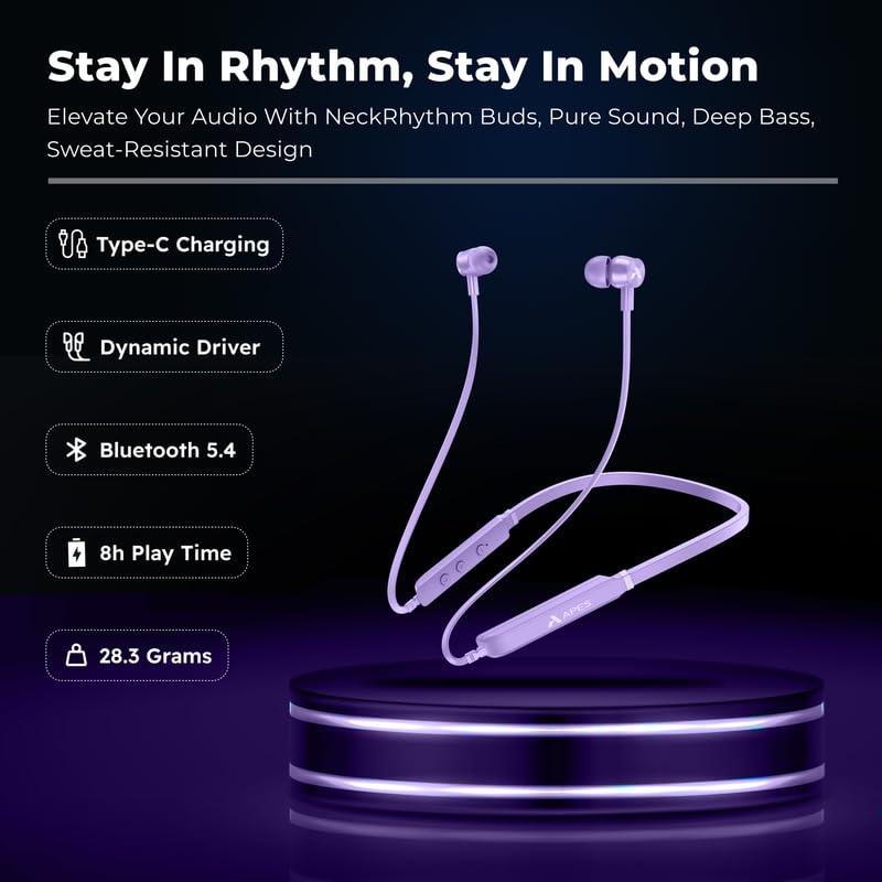 Image of APES NeckRhythm Wireless Bluetooth Neckband, 8Hrs Playtime, 10mm Drivers, Bluetooth v5.4 (Purple)