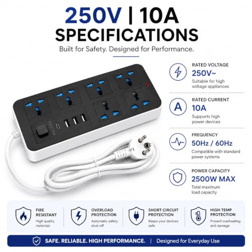 Image of 10 in1 Universal Extension Board with 6 Sockets 3 USB Ports & 1 PD Type-C Fast Charging |1.8M Cable | 2500W Power Strip with Switch | Multi Plug Cord for Home Office TV Computer & Mobile