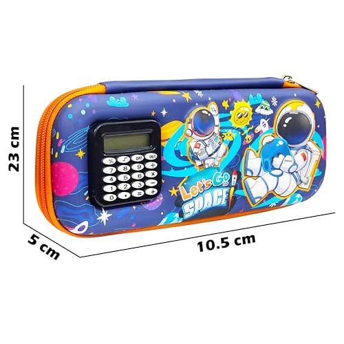 Image of VGRASSP Stationery Pencil Pouch for Kids with Mini Calculator - Space Theme Zipper Case with Multi Storage Compartments - School Supplies Organizer - Multicolor