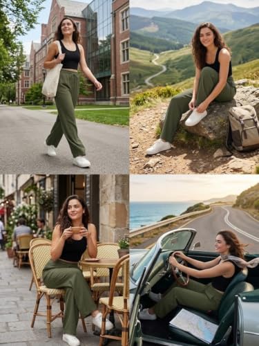 Image of Leriya Fashion Women Relaxed Fit Wide Leg Trousers | Malai Cottage Elastic Drawstring Wide Leg Pants for Women | Casual Straight Lounge Pants with Pockets | Stylish Everyday Office Outfit Bottom Pant