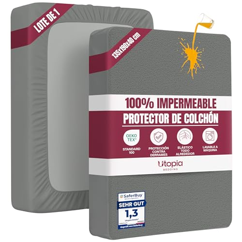 Utopia Bedding Protector Colchón 135 x 190 x 40 cm Impermeable, Certificación Oeko-Tex Funda Colchón, Cubre Colchón Transpirable, Elástico En Todo El Contorno Gris