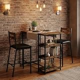 Garvee Bar Tisch Und St&uuml;hle Set, 3 St&uuml;ck Bar Tisch Set Mit Mit Flip Top Erweiterung Und Aufbewahrung Regale, Esstisch Set F&uuml;r 2, Geeignet F&uuml;r Kleine Raum K&uuml;che Wohnung,Rustikal Braun