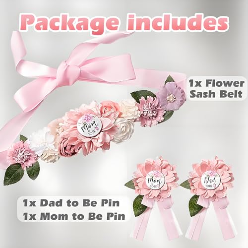 Baby Shower Sash for Mommy & Daddy Corsage Pins, Pink Flower Mom to Be Belly Sash Belt Baby Shower3