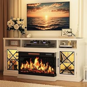 BREEZEHEAT 65" 3-Sided Electric Fireplace TV Stand for TVs up to 75", Glass Fireplace Entertainment Center with 30" LED Fireplace, Media Console w/Storage Cabinet & Glass Doors (White)