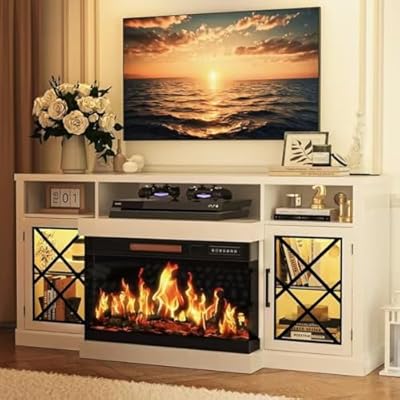 BREEZEHEAT 65" 3-Sided Electric Fireplace TV Stand for TVs up to 75", Glass Fireplace Entertainment Center with 30" LED Fireplace, Media Console w/Storage Cabinet & Glass Doors (White)