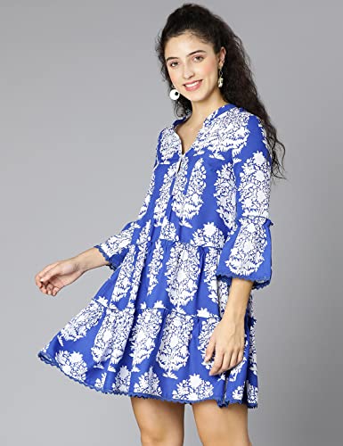 Image of oxolloxo Women Viscose Flared Regular Sleeves Floral Blue Casual Dress