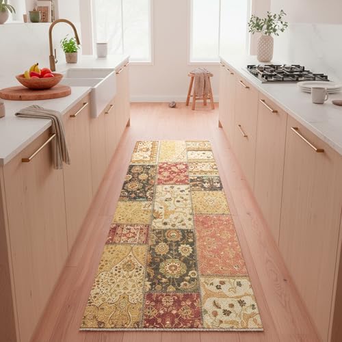 TESSO LIVING Kelim Patchwork Teppich Rot 80 X 145 cm - Maschinenwaschbar - Moderner Kurzflor Wohnzimmer Teppich - Super Soft
